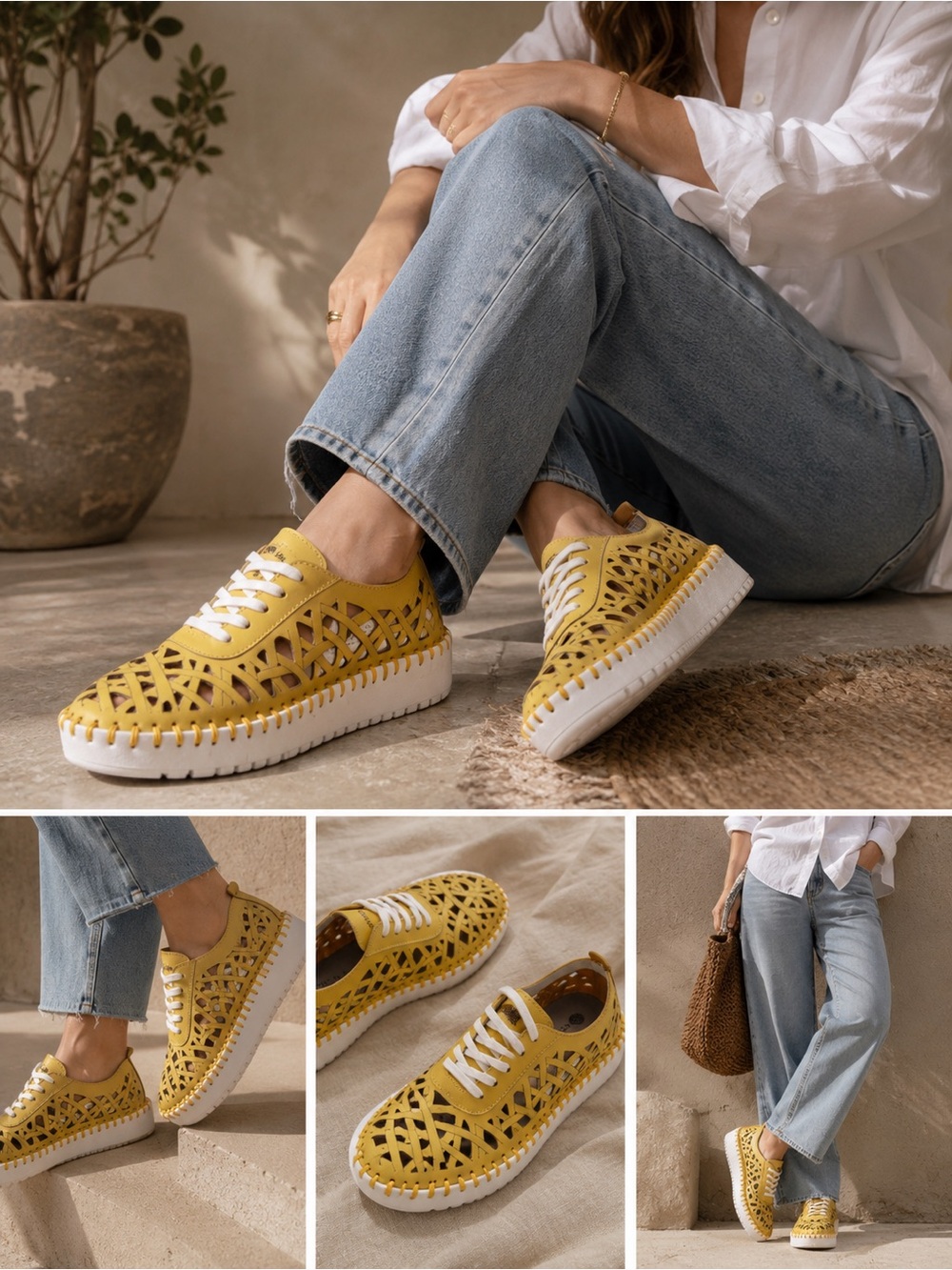 Eric Michael Yellow Sneakers with Geometric Cut-Outs